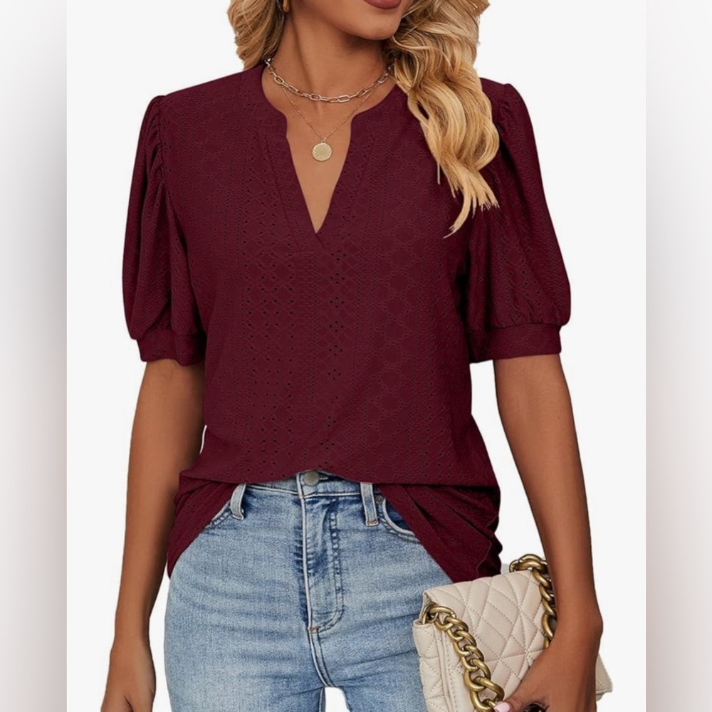 Puffed Sleeve top, Pointelle Design V Neck wine red maroon colour